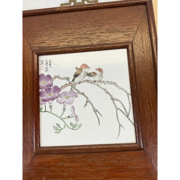 Vintage Signed Chinese Hand Painted Landscape Porcelain Tiles Birds Brass Hanger - Picture 5 of 10